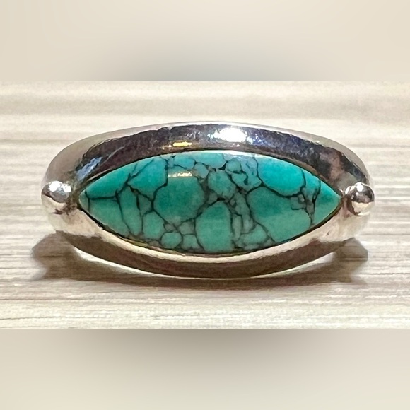 Vintage Marsala Sterling Silver Spiderweb Turquoise Marquise Ring, Size 7, 5g - Picture 2 of 10